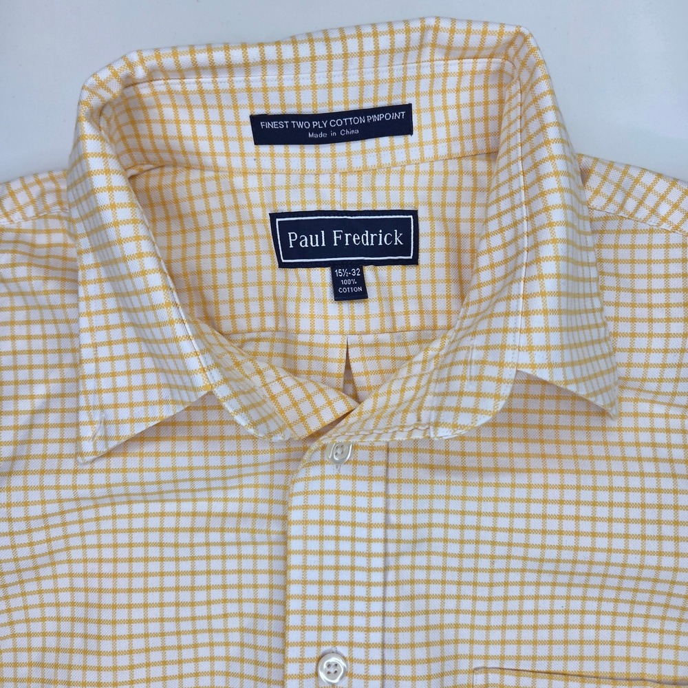 Paul Fredrick Mens Yellow White Tattersall Check Pinpoint Cotton Shirt‎ 15.5 32